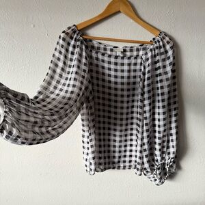 Gingham black and white balloon sleeve sheer square neck blouse